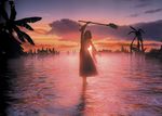  artist_request cloud final_fantasy final_fantasy_x highres holding holding_wand palm_tree sky solo staff sun sunset tree wand water yuna_(ff10) 