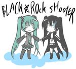  :&lt; amamosu aqua_hair bad_id bad_pixiv_id bangs belt bikini_top black_hair black_rock_shooter black_rock_shooter_(character) blue_eyes boots burning_eye chibi coat detached_sleeves flat_chest front-tie_top gloves green_hair hatsune_miku holding_hands hood hooded_jacket jacket knee_boots long_hair midriff multiple_girls necktie pale_skin shorts skirt smile star thigh_boots thighhighs twintails uneven_twintails very_long_hair vocaloid 