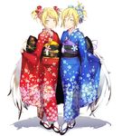  bad_id bad_pixiv_id blonde_hair copyright_request flower green_eyes hair_flower hair_ornament japanese_clothes kimono multiple_girls sandals siblings sisters tsujisaki twins 