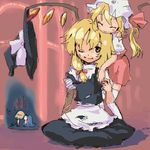 alice_margatroid all_fours apron blonde_hair flandre_scarlet gloom_(expression) hat hat_removed headwear_removed hug hug_from_behind kirisame_marisa lowres multiple_girls nametake one_eye_closed one_side_up short_hair sitting torn_clothes touhou waist_apron wings witch_hat 