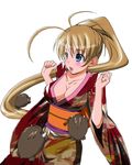  blonde_hair blue_eyes blush boar breasts cleavage covered_nipples japanese_clothes kimono large_breasts long_hair open_mouth original ponytail sideboob solo yuukami_(wittsu) 