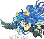  asymmetrical_wings blue_hair breasts cleavage dizzy fbc guilty_gear large_breasts oekaki open_mouth red_eyes ribbon solo tail tail_ribbon thighhighs wings 