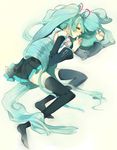  black_legwear chachie closed_eyes detached_sleeves green_eyes green_hair hatsune_miku long_hair lying on_side pleated_skirt skirt sleeping solo thighhighs twintails very_long_hair vocaloid 