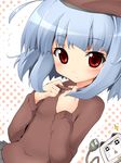  aikei blue_hair blush copyright_request hat red_eyes short_hair skirt solo sweater turtleneck 