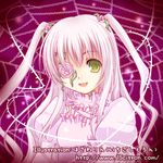  1girl :d closed_eyes collar flower flower_eyepatch frills hair_flower hair_ornament kirakishou looking_at_viewer lowres open_mouth pink_flower pink_rose plant rose rozen_maiden silk silver_hair smile solo spider_web thorns twintails vines yellow_eyes 