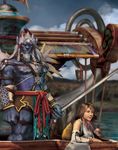  3d animal_ears artist_request belt blue_skin boat bracer braid brown_eyes cloud day detached_sleeves earrings final_fantasy final_fantasy_x highres horns jewelry kimahri_ronso official_art ronso sky twin_braids water watercraft yuna_(ff10) 