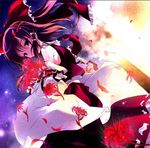  album_cover brown_eyes brown_hair cover covering_mouth detached_sleeves dutch_angle flower fujiwara_warawara hair_ribbon hakurei_reimu jpeg_artifacts looking_back petals ribbon short_hair sky solo spider_lily touhou wind 