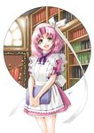  apron book bow frills hairband laughing library maid original pink_hair short_hair solo standing yellow_eyes yuu_(yuyukaikan) 