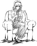  alice_margatroid chair easy_chair full_body greyscale hairband imizu_(nitro_unknown) monochrome short_hair sitting solo tea touhou 