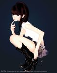  artist_name bad_id bad_pixiv_id bangs belt belt_boots black_footwear black_nails blue_background boots breasts brown_eyes brown_hair closed_mouth earrings expressionless fashion finger_to_chin from_side full_body glint high_heel_boots high_heels jewelry knee_boots lips long_hair looking_at_viewer medium_breasts nail_polish original see-through shoes short_shorts shorts simple_background solo squatting takenaka watermark web_address 