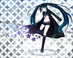  belt black_hair black_rock_shooter black_rock_shooter_(character) blue_eyes boots chain flat_chest long_hair midriff scar shorts solo twintails whitemoon 