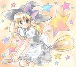  apron beige_background black_dress blonde_hair blush broom broom_riding brown_eyes dress hat kirisame_marisa looking_at_viewer lowres oimo puffy_short_sleeves puffy_sleeves short_sleeves simple_background solo star straddling touhou waist_apron witch_hat 