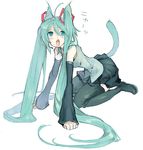  all_fours animal_ears black_legwear blue_eyes blue_hair blush cat_ears chachie detached_sleeves hatsune_miku headset kneeling long_hair open_mouth solo tail thighhighs twintails very_long_hair vocaloid 