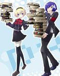  1girl aegis_(persona) android armband blonde_hair blue_eyes blue_hair book bow hairband headphones nio_(einhorn) persona persona_3 school_uniform short_hair skirt sweatdrop yuuki_makoto 