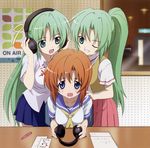  absurdres blue_eyes brown_hair green_eyes green_hair headphones highres higurashi_no_naku_koro_ni long_hair multiple_girls one_eye_closed pen radio_booth ryuuguu_rena sakai_kyuuta scan school_uniform serafuku siblings sisters skirt sonozaki_mion sonozaki_shion table twins 