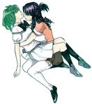  bad_id bad_pixiv_id glasses green_hair hug kneehighs legs macross macross_frontier matsuura_nanase multiple_girls purple_hair ranka_lee school_uniform socks thighhighs usutsuchi_kine 