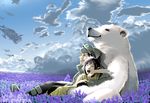 1girl aircraft airship bear cloud day field flower flower_field flying kyan-dog lavender_(flower) original polar_bear sky sleeping 