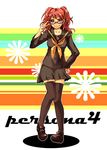  glasses kama_(satoyan) kujikawa_rise persona persona_4 red_hair school_uniform skirt smile solo thighhighs twintails yasogami_school_uniform 