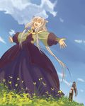  1girl chinese_clothes closed_eyes cloud code_geass day dress grass happy li_xingke long_hair open_mouth quad_tails silver_hair siratama_anmitsu sky smile tianzi twintails 
