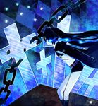  bad_id bad_pixiv_id bangs belt bikini_top black_hair black_rock_shooter black_rock_shooter_(character) blue blue_eyes boots burning_eye chain checkered coat cross flat_chest front-tie_top gloves glowing glowing_eye hood hooded_jacket jacket knee_boots latin_cross long_hair midriff pale_skin short_shorts shorts solo star twintails uneven_twintails very_long_hair wind yoshitomo_(koucha) 