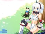  blue_eyes breasts cat cherry_blossoms cleavage hairband horn kirin_(armor) medium_breasts melynx midriff monster_hunter mouth_hold sitting smile thighhighs wallpaper white_hair yano_takumi 