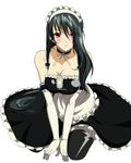  bare_shoulders black_hair blush breast_squeeze breasts choker cleavage elbow_gloves gloves large_breasts long_hair maid original red_eyes solo thighhighs yuukami_(wittsu) 