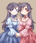  artist_request black_hair blood+ blue_eyes choker diva_(blood+) dress holding_hands multiple_girls otonashi_saya red_eyes siblings twins 