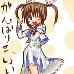  ;d blue_eyes blush bow bowtie brown_hair dress long_sleeves looking_at_viewer lyrical_nanoha magical_girl mahou_shoujo_lyrical_nanoha mahou_shoujo_lyrical_nanoha_a's mamoi one_eye_closed open_mouth pose red_bow red_neckwear short_hair sidelocks smile solo standing takamachi_nanoha translation_request twintails white_dress 