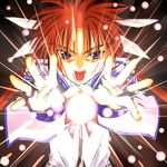  blood bow energy_ball fingerless_gloves gloves looking_at_viewer lyrical_nanoha magic magical_girl mahou_shoujo_lyrical_nanoha open_mouth purple_eyes red_bow red_hair setsugekka_(ja_nach) solo takamachi_nanoha teeth torn_clothes torn_gloves twintails white_devil 