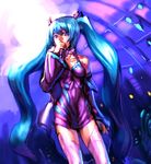  blue_hair bow_(bhp) detached_sleeves hatsune_miku long_hair microphone solo thighhighs twintails vocaloid 