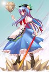  blue_hair food fruit hat hinanawi_tenshi jagged_rocks keystone long_hair peach red_eyes rock solo sword sword_of_hisou touhou weapon yumesato_makura 