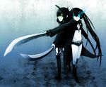  bad_id bad_pixiv_id belt black_devil_girl black_rock_shooter black_rock_shooter_(character) boots flat_chest green_eyes katana kawazu long_hair midriff multiple_girls scar shorts stitches sword twintails weapon 