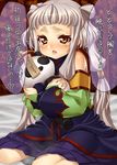  blush brown_eyes code_geass dress kink kneeling long_hair panda silver_hair solo stuffed_animal stuffed_panda stuffed_toy tears tianzi translated twintails 