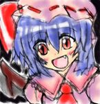  :d blush close-up collar face fang haru_ion hat mob_cap necktie open_mouth purple_hair red_eyes red_neckwear remilia_scarlet short_hair smile solo tooth touhou upper_body wings 