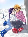  2girls coat futari_wa_precure futari_wa_pretty_cure misumi_nagisa multiple_girls precure pretty_cure ski skis snow wink winter yukishiro_honoka 