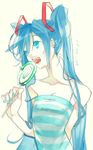  aqua_nails bare_shoulders blue_eyes blue_hair camisole candy chachie collarbone food hatsune_miku licking lollipop long_hair nail_polish sexually_suggestive simple_background solo strap_slip striped swirl_lollipop tongue twintails upper_body vocaloid 