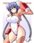  arcana_heart blue_hair breasts bun_cover covered_nipples double_bun green_eyes large_breasts mei-fang shinshin shrug_(clothing) solo thighhighs 