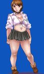  blue_background boots breasts brown_eyes brown_hair choker cleavage copyright_request curvy large_breasts lips lowres matoyama miniskirt navel oekaki plump skirt solo 