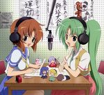  absurdres aqua_neckwear blue_eyes breasts brown_hair character_doll cleavage doll furude_rika green_eyes green_hair hanyuu headphones highres higurashi_no_naku_koro_ni houjou_satoko long_hair maebara_keiichi medium_breasts microphone microphone_stand milk multiple_girls necktie pen radio_booth ryuuguu_rena sakai_kyuuta scan school_uniform serafuku short_hair sitting sonozaki_mion studio_microphone table 