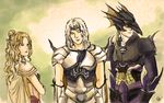  2boys artist_request belt blonde_hair bodysuit breastplate buckle cain_highwind cecil_harvey clenched_hands final_fantasy final_fantasy_iv headband helmet long_hair looking_at_viewer looking_to_the_side multiple_boys rosa_farrell silver_hair skin_tight spikes wavy_hair 