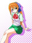  arm_support blush green_eyes hair_ribbon kitsune_no_akane kouda_tomohiro legs long_hair orange_hair ponytail ribbon school_uniform solo tenshi_no_shippo 