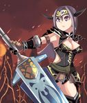  :o armlet armor armpits belt black_legwear breasts circlet cleavage cleavage_cutout cloud elbow_gloves flower gloves grey_hair huge_weapon johnny_funamushi large_breasts leotard long_hair looking_away midriff molten_rock monster_hunter monster_hunter_frontier mountain noir_(armor) open_mouth outdoors purple_eyes short_hair side_slit sky solo standing strap sword thighhighs weapon 