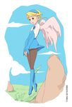  angel_wings bad_id bad_pixiv_id blonde_hair blue_footwear boots breasts breath_of_fire breath_of_fire_iv cloud day dress grass hairband knee_boots nina_(breath_of_fire_iv) outdoors pantyhose short_hair skirt sky small_breasts solo staff very_short_hair white_wings wings yupii 