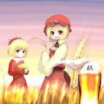  aki_minoriko aki_shizuha alcohol beer hair_ornament leaf_hair_ornament lowres multiple_girls siblings sisters touhou tsubasa_(abchipika) wheat 