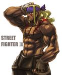  alex_(street_fighter) bare_shoulders blonde_hair blue_eyes fingerless_gloves gloves headband male_focus muscle overalls shirtless solo street_fighter street_fighter_iii_(series) suspenders tetsu_(kimuchi) white_background 