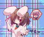  ana_(rznuscrf) animal_ears blush brown_hair bunny_ears carrot cordless_phone inaba_tewi jewelry multiple_girls one-eyed pen pendant phone red_eyes reisen_udongein_inaba short_hair sweatdrop touhou 
