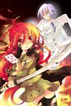  1girl alastor_(shakugan_no_shana) blue_hair business_suit card falling_card formal friagne gloves jewelry katana necktie pendant red_eyes red_hair shakugan_no_shana shana short_hair suit sword tachitsu_teto thighhighs torn_clothes torn_legwear weapon 