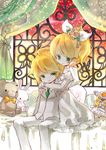  1girl bed brother_and_sister doll flower hair_ornament himehi kagamine_len kagamine_rin nail_polish orange_nails siblings stuffed_animal stuffed_bunny stuffed_toy teddy_bear twins vocaloid window 