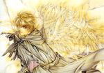  angel_sanctuary angel_wings artbook bandages blonde_hair cape earrings jewelry lost_angel male_focus mudou_setsuna solo wings yuki_kaori 