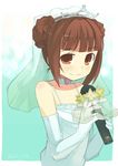  alternate_hairstyle bridal_veil bride brown_eyes brown_hair choker dress elbow_gloves gloves idolmaster idolmaster_(classic) idolmaster_live_for_you! microphone noripachi smile solo takatsuki_yayoi tiara veil wedding_dress 